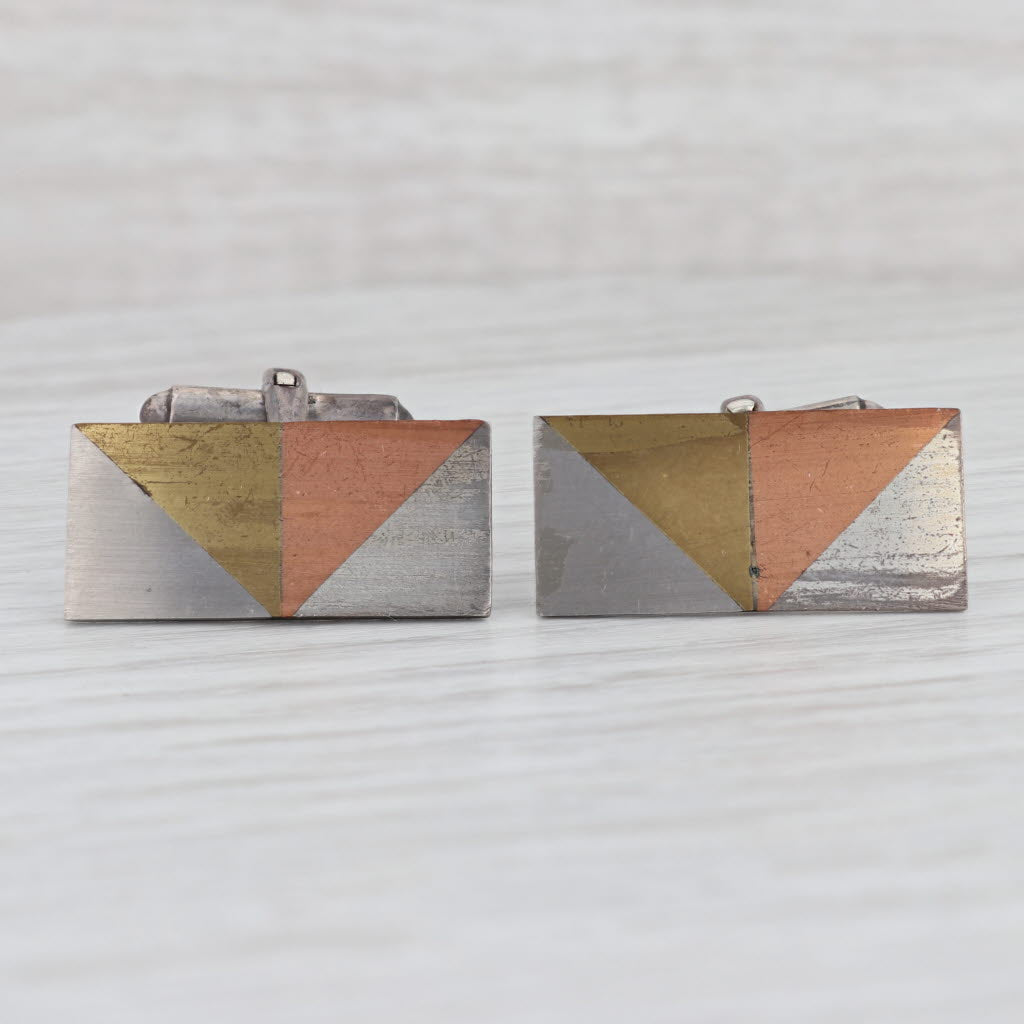 Light Gray Vintage Modernist Rectangle Cufflinks Sterling Silver Copper Brass Mexico