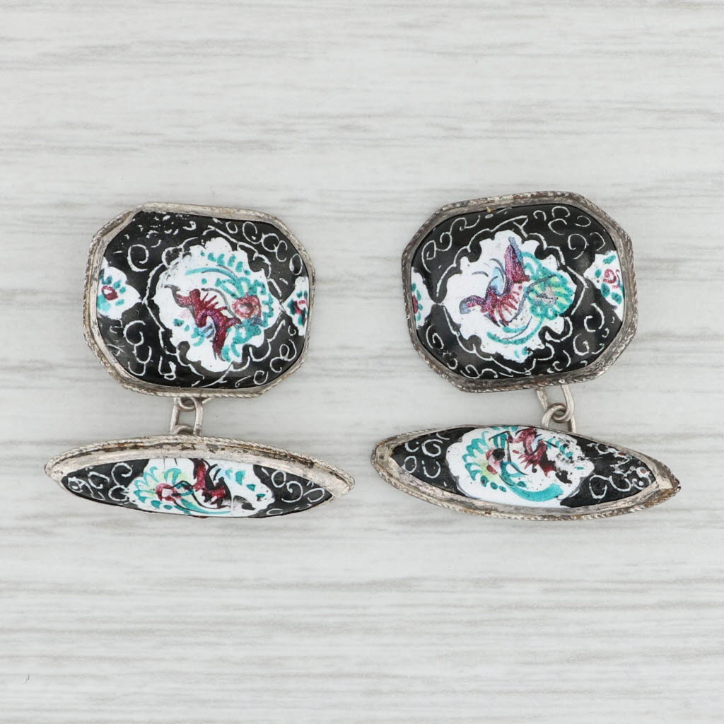 Light Gray Vintage Ornate Enamel Cufflinks Sterling Silver Floral Suit Accessories