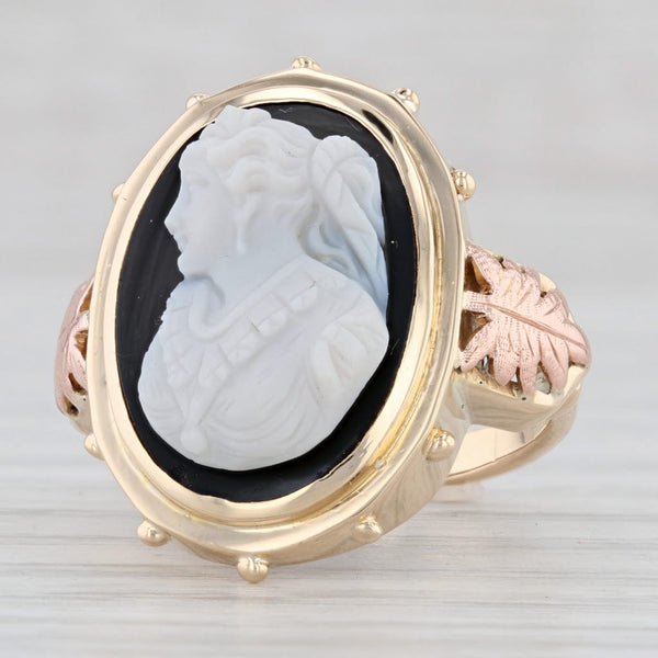 Light Gray Antique Chalcedony Black & White Cameo Ring 14k Yellow Rose Gold Size 6.25