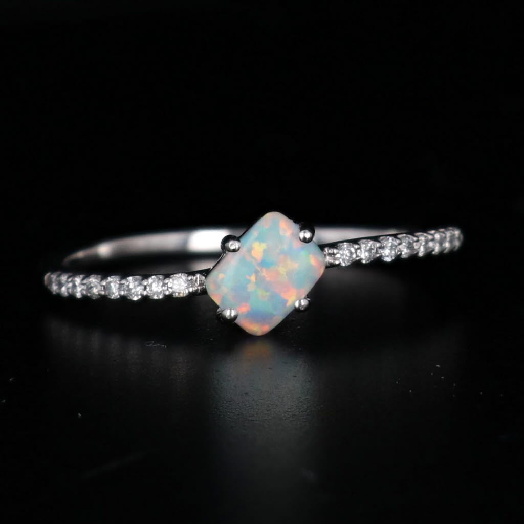 Black Lab Created Opal Diamond Ring 14k White Gold Size 7.25 Stackable Solitaire