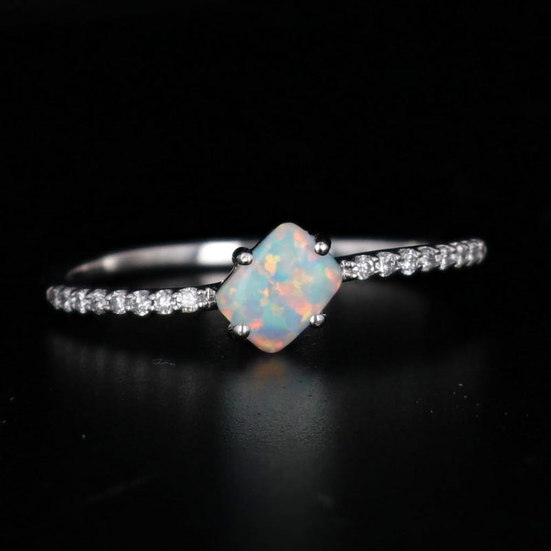 Lab Created Opal Diamond Ring 14k White Gold Size 7.25 Stackable Solitaire