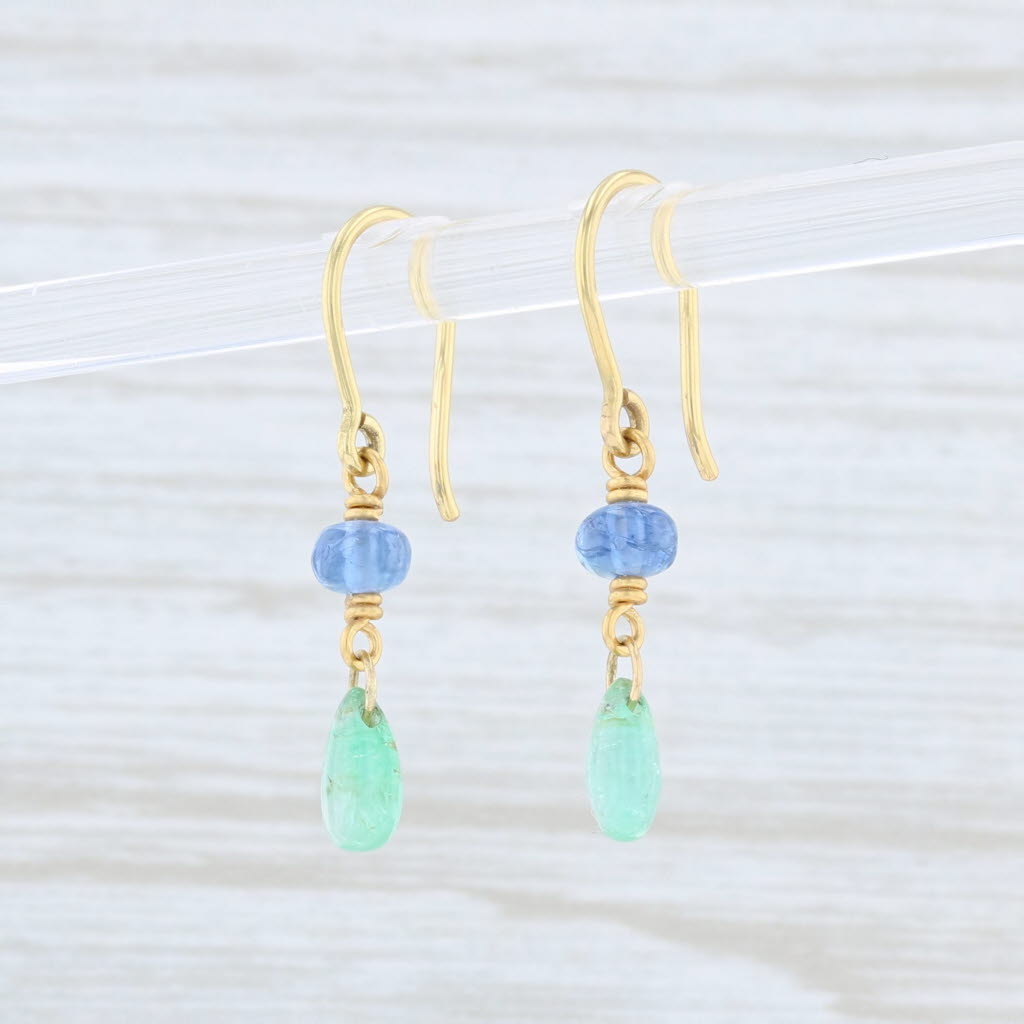 Lavender Artisan Emerald Tanzanite Bead Earrings 14k Yellow Gold Dangle Hook Posts