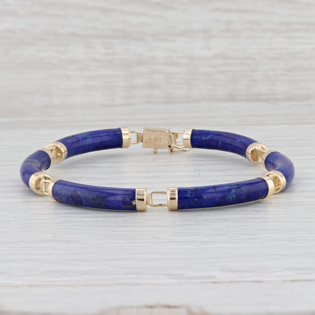 Light Gray Lapis Lazuli Bracelet 14k Gold 7.25" 5.2mm Chinese Character Shou Longevity