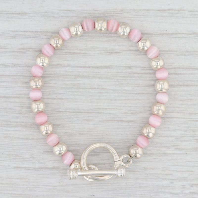 New Pink Glass Bead Bracelet Sterling Silver Chain 5.25” Toggle Clasp