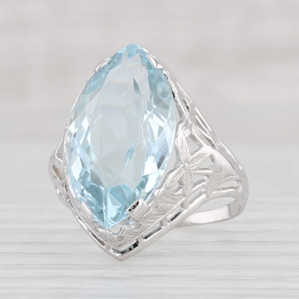 Light Gray Vintage 6ct Aquamarine Marquise Solitaire Ring 14k White Gold Floral Size 5