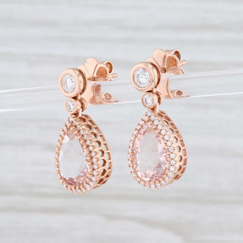 Light Gray New 3.98ctw Morganite Diamond Halo Earrings 14k Rose Gold Teardrop Dangles