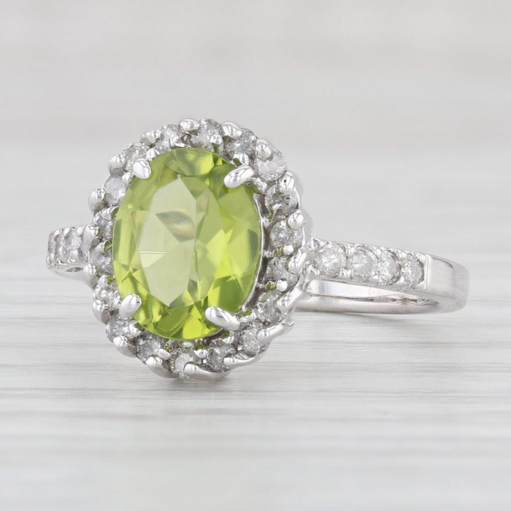 Light Gray 2.35ctw Oval Peridot Diamond Halo Ring 14k White Gold Size 6.5 August Birthstone