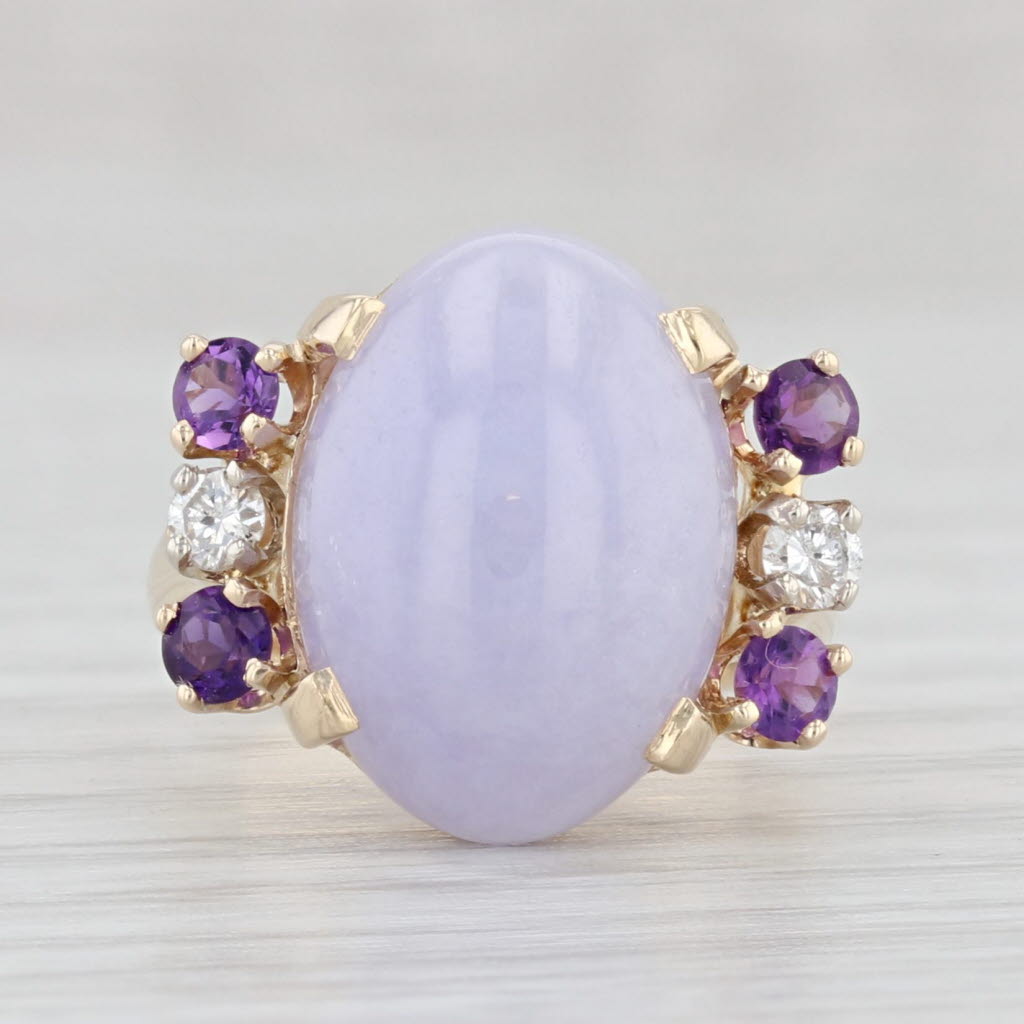 Light Gray Purple Jadeite Jade Diamond Amethyst Ring 14k Yellow Gold Size 2.5 Small Size