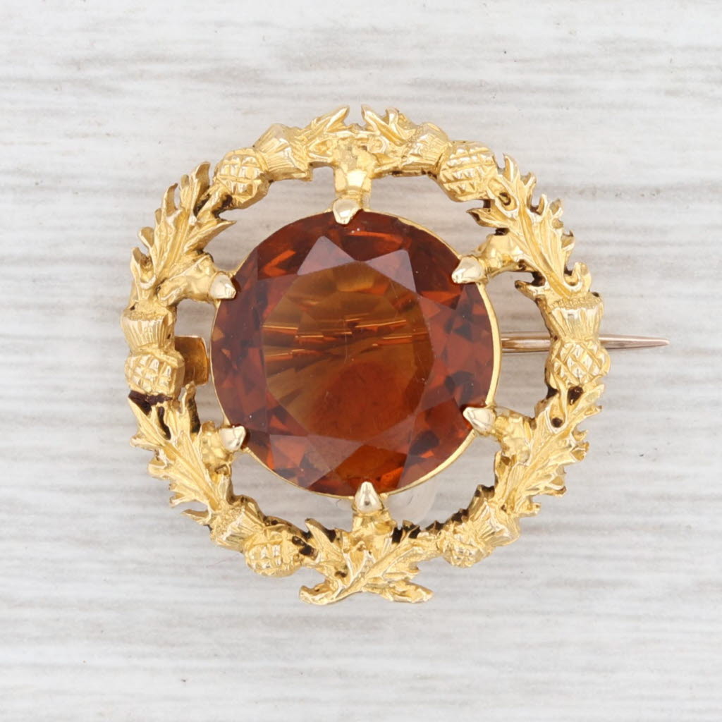 Light Gray Antique 5.50ct Citrine Wreath Pin 15k Yellow Gold Orange Gemstone Brooch