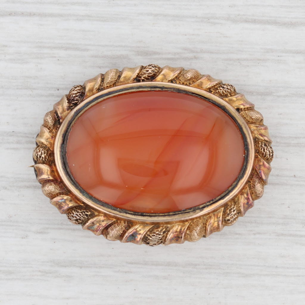 Light Gray Antique Carnelian Brooch 14k Yellow Gold Oval Burnt Orange Red Stone