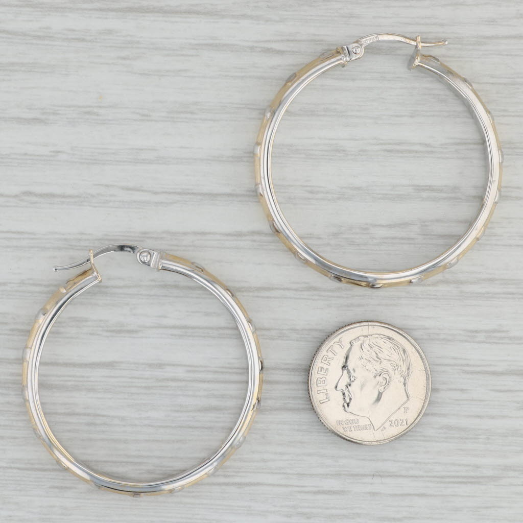 Gray Ridged 2-Toned Hoop Earrings 14k Yellow & White Gold Snap Top Posts Round Hoops