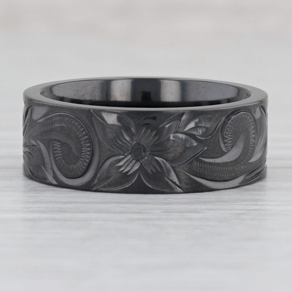 Dark Slate Gray New Black Titanium Floral Pattern Ring Size 10 Wedding Band