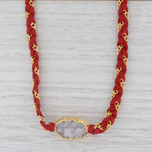 Gray New Cordelia Nina Nguyen Necklace Gold Vermeil Red Woven Leather White Druzy