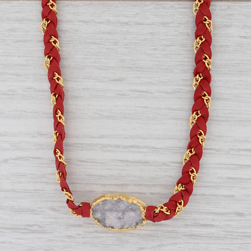 New Cordelia Nina Nguyen Necklace Gold Vermeil Red Woven Leather White Druzy