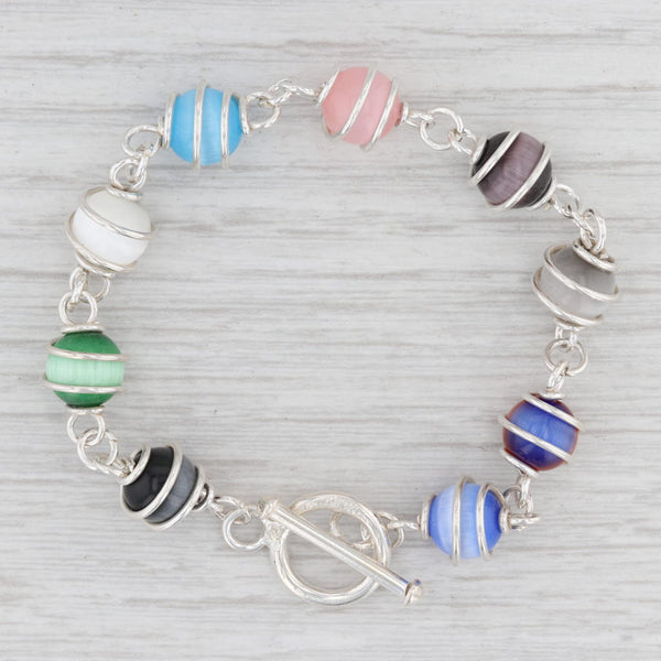 Light Gray New Multi-Color Glass Bead Bracelet Sterling Silver 7” Toggle Clasp Statement