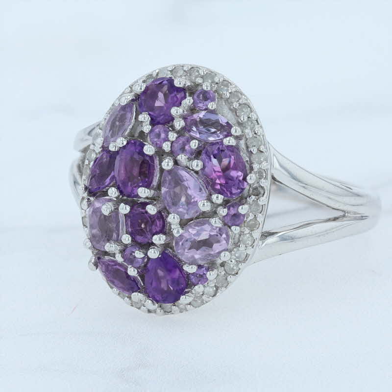 Lavender New Amethyst Cluster Diamond Halo Ring Sterling Silver Purple Cocktail Size 7.25