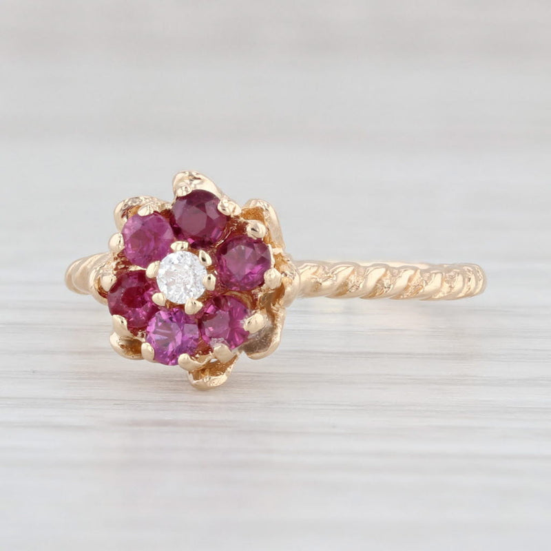 Vintage 0.49ctw Lab Created Ruby Diamond Flower Ring 14k Yellow Gold Size 8