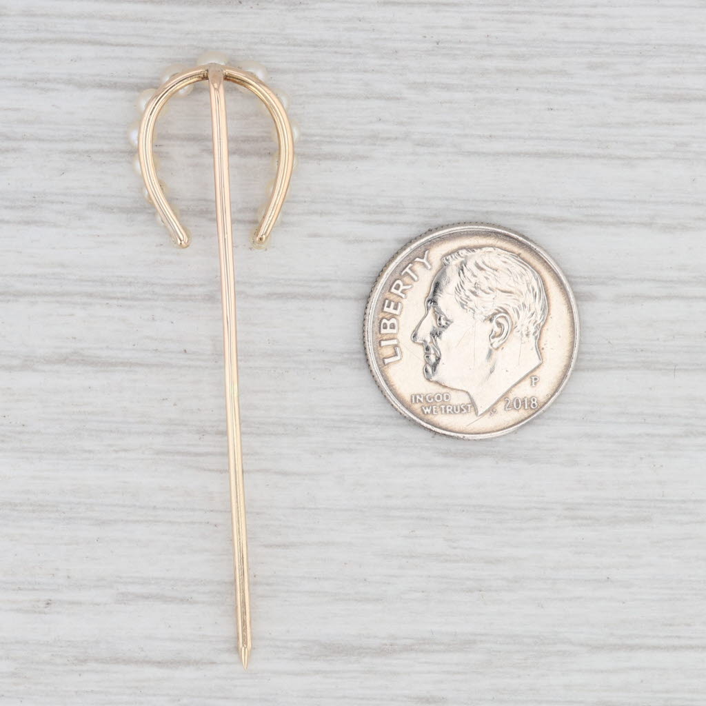 Light Gray Antique Pearl Horseshoe Stickpin 14k Yellow Gold Good Luck Western Equestrian