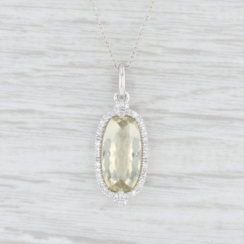 Light Gray Lemon Quartz Diamond Halo Pendant Necklace 14k White Gold 16.25"