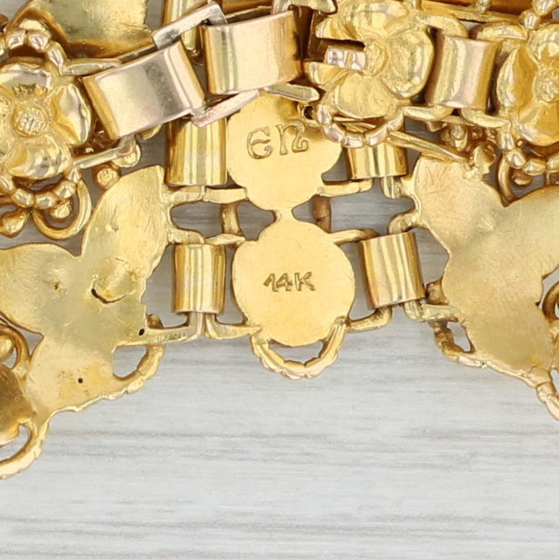 Tan Vintage Evald Nielsen Floral Statement Bracelet 14k Yellow Gold 6.5"