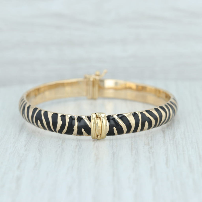 Animal Print Bangle Bracelet 14k Yellow Gold 7" 7.5mm Black Resin Zebra Tiger