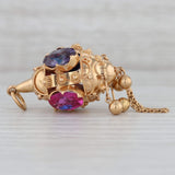 Vintage Etruscan Fob Charm Lab Created Spinel Ruby Sapphire 18k Gold Ornate