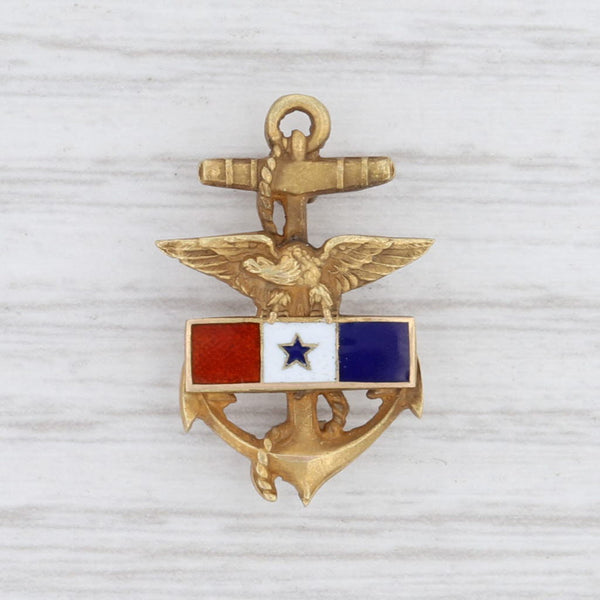 Light Gray Vintage US Navy Pin 14k Gold Eagle Anchor Badge Military Bailey Banks Biddle