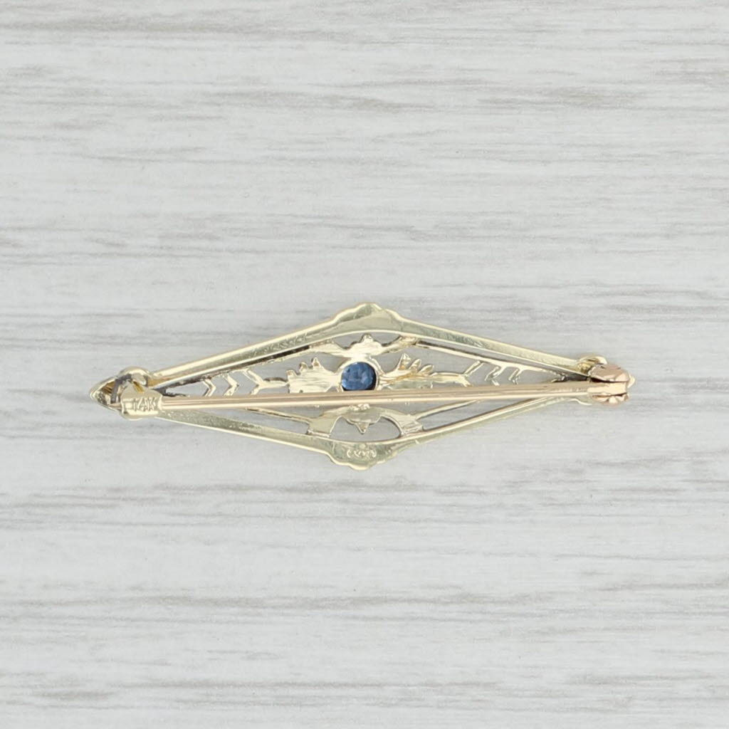 Light Gray Vintage 0.15ct Lab Created Sapphire Filigree Brooch 14k Yellow Gold Pin