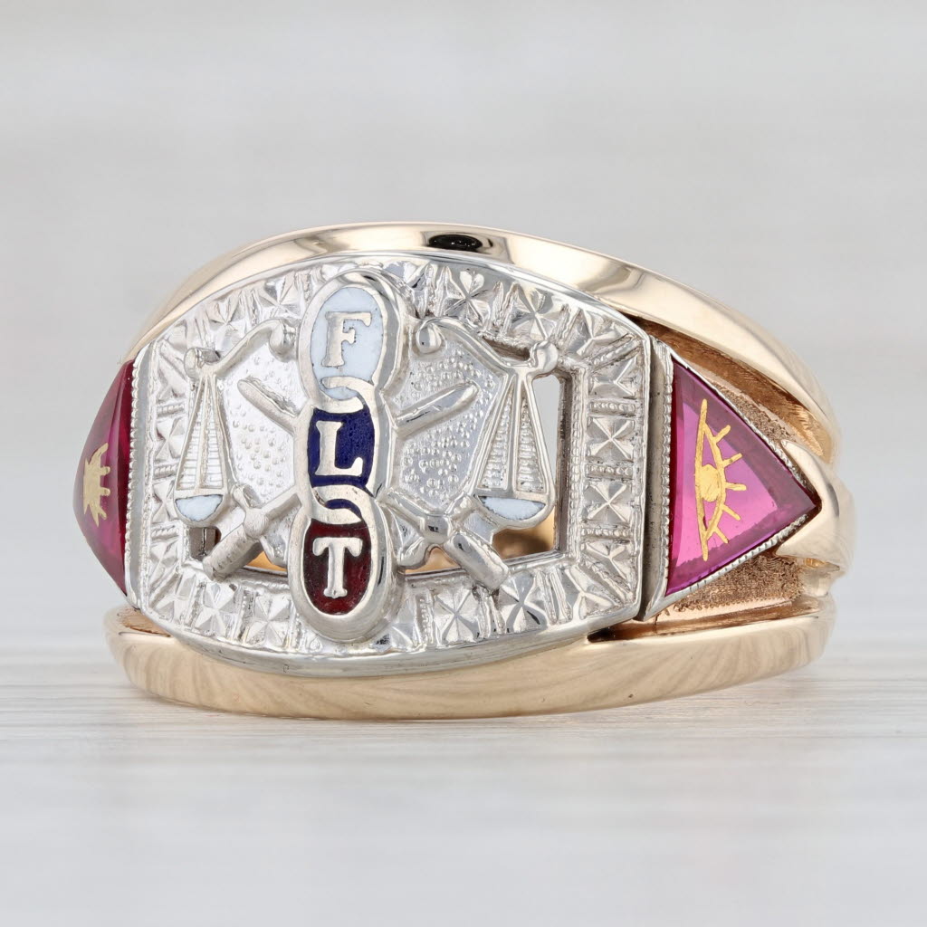 Light Gray Odd Fellows Ring 10k Gold Lab Created Rubies FLT 3-Rings Signet Size 10.75