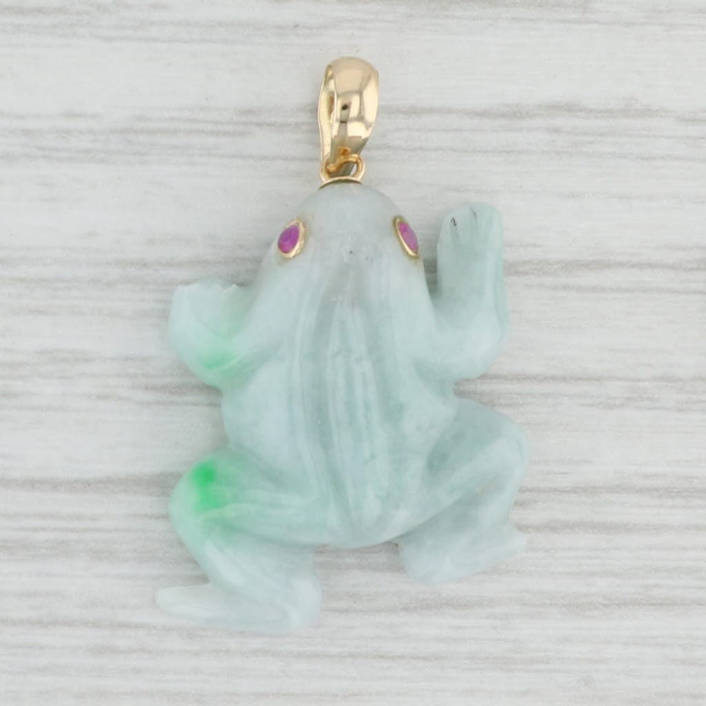 Light Gray Lab Created Ruby Green Jadeite Jade Frog Pendant 14k Yellow Gold Figurine