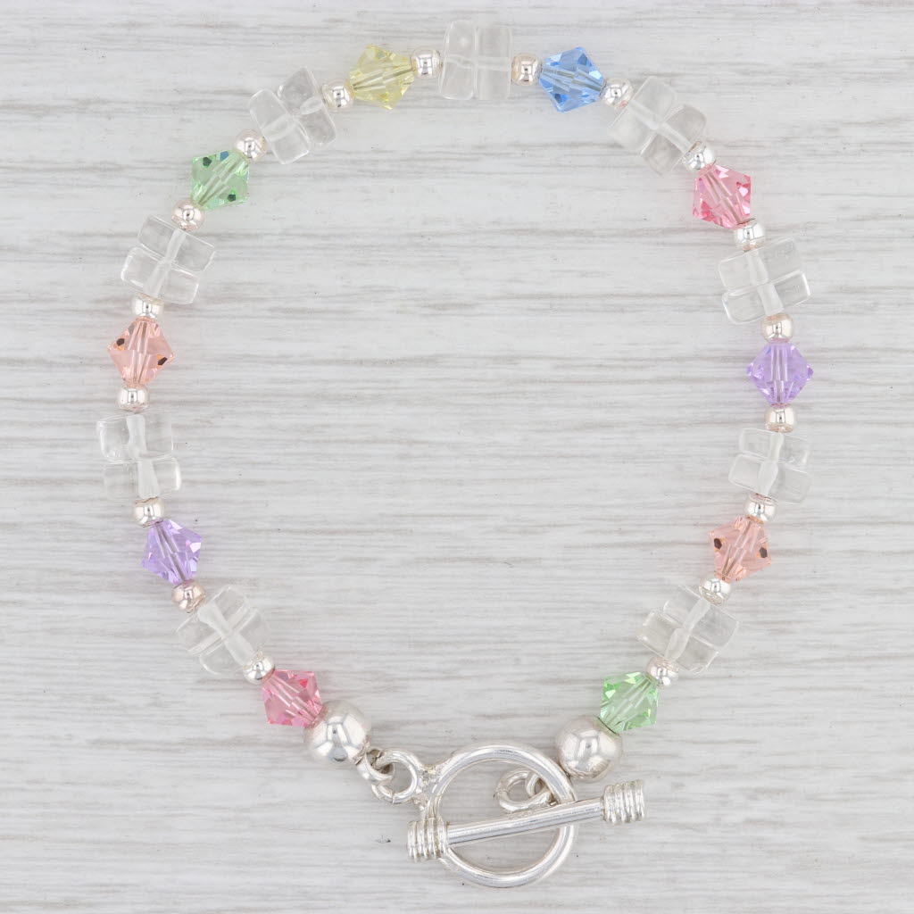 Light Gray New Multi-Color Glass Bead Bracelet Sterling Silver 7.5” Toggle Clasp Statement