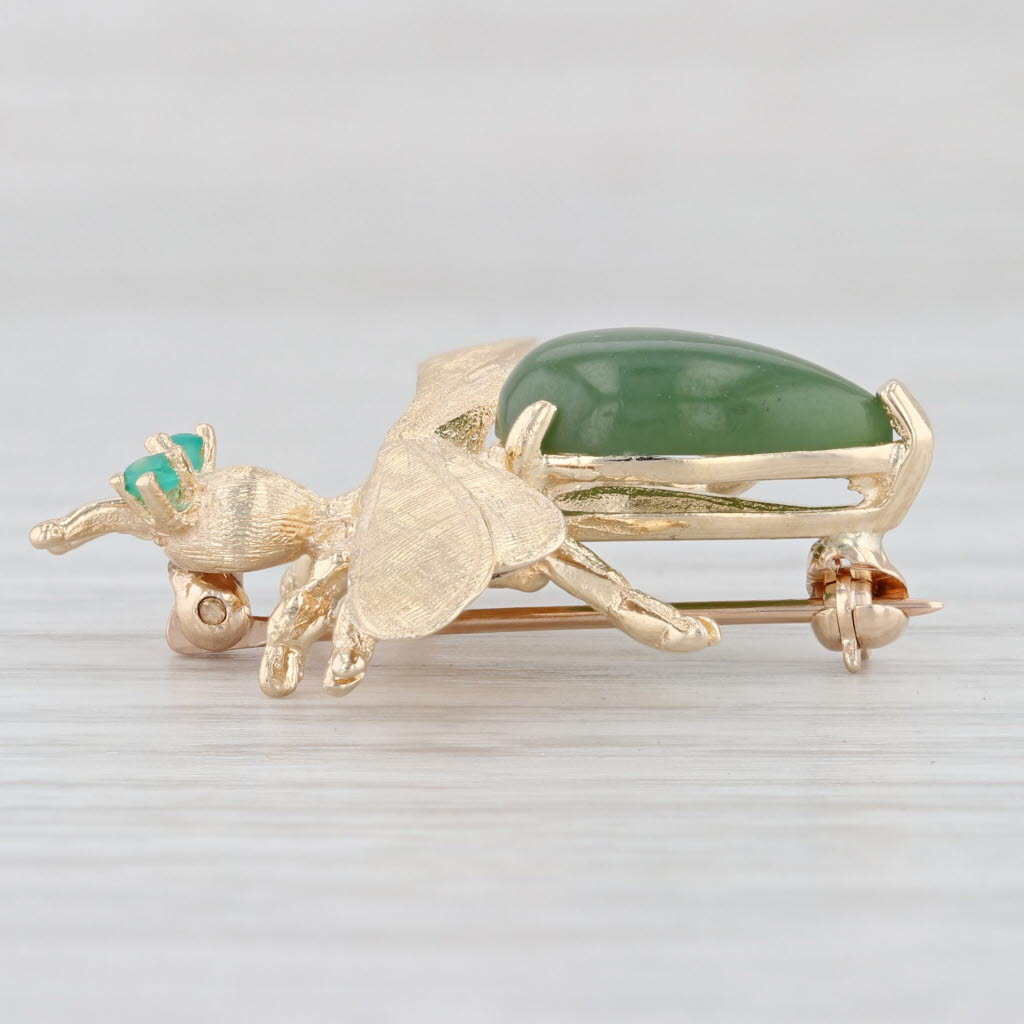 Light Gray Flying Insect Brooch 14k Gold Green Serpentine Chalcedony Vintage Pin