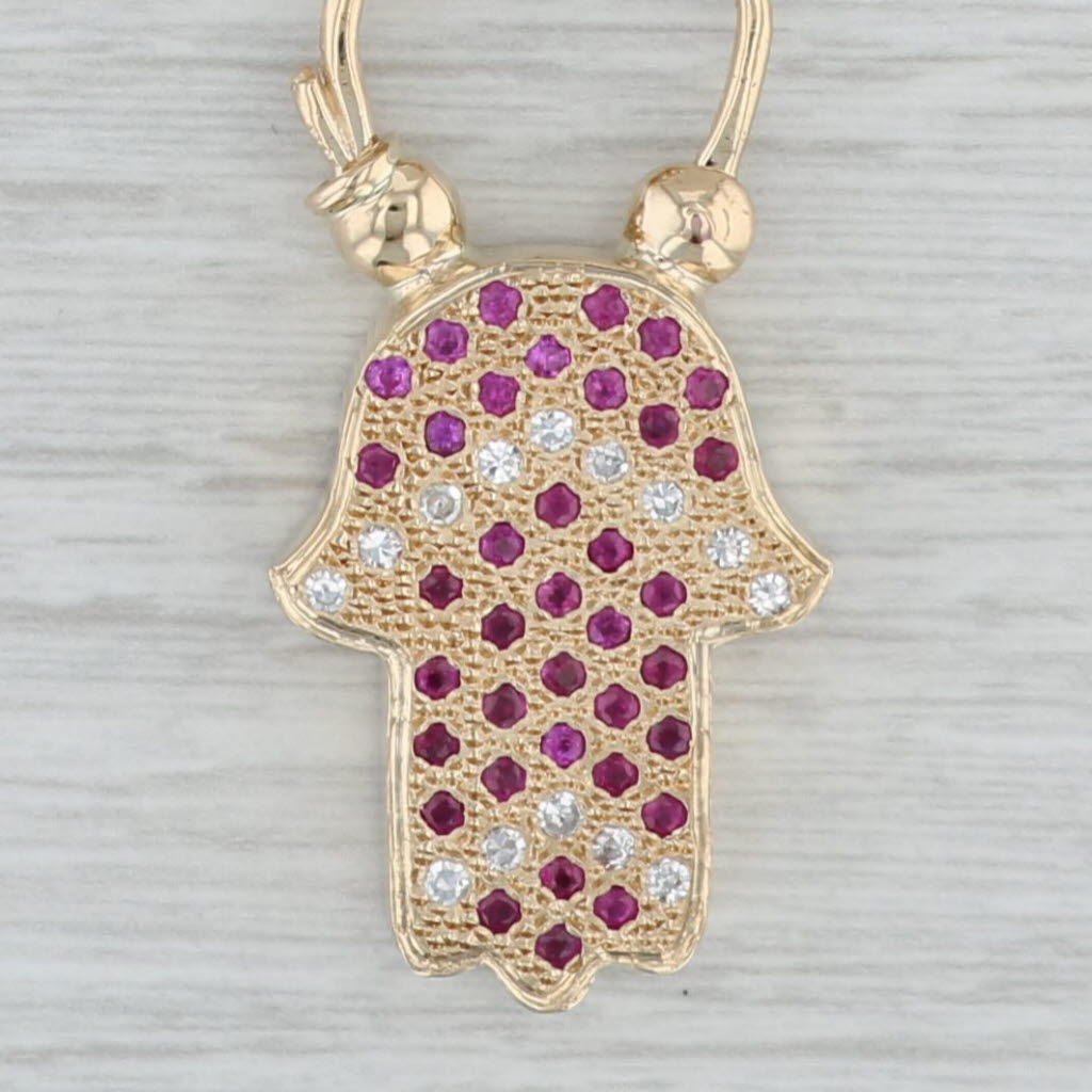 Gray 0.70ctw Ruby Diamond Hamsa Hand Pendant Necklace 14k Yellow Gold Paperclip Chain