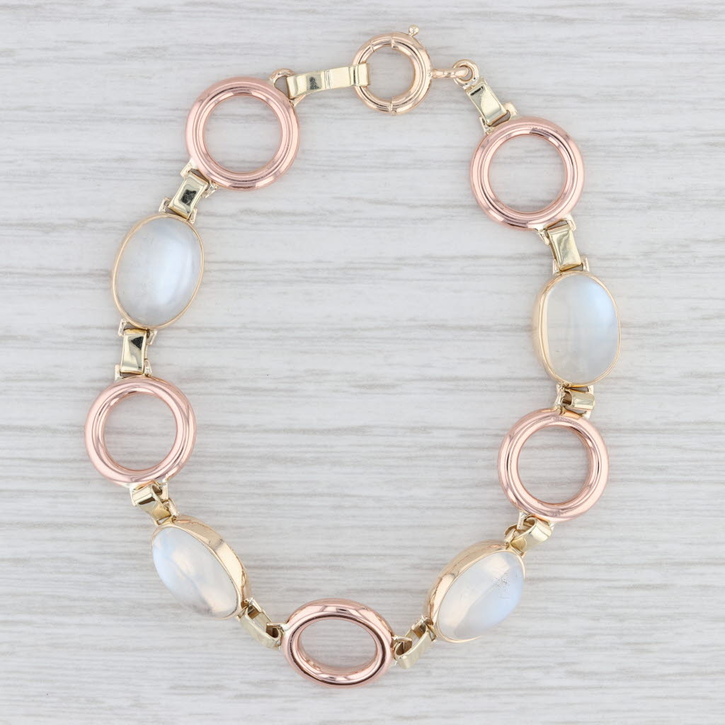 Light Gray Oval Cabachon Moonstone Bracelet 14k Yellow Rose Gold 7.5"