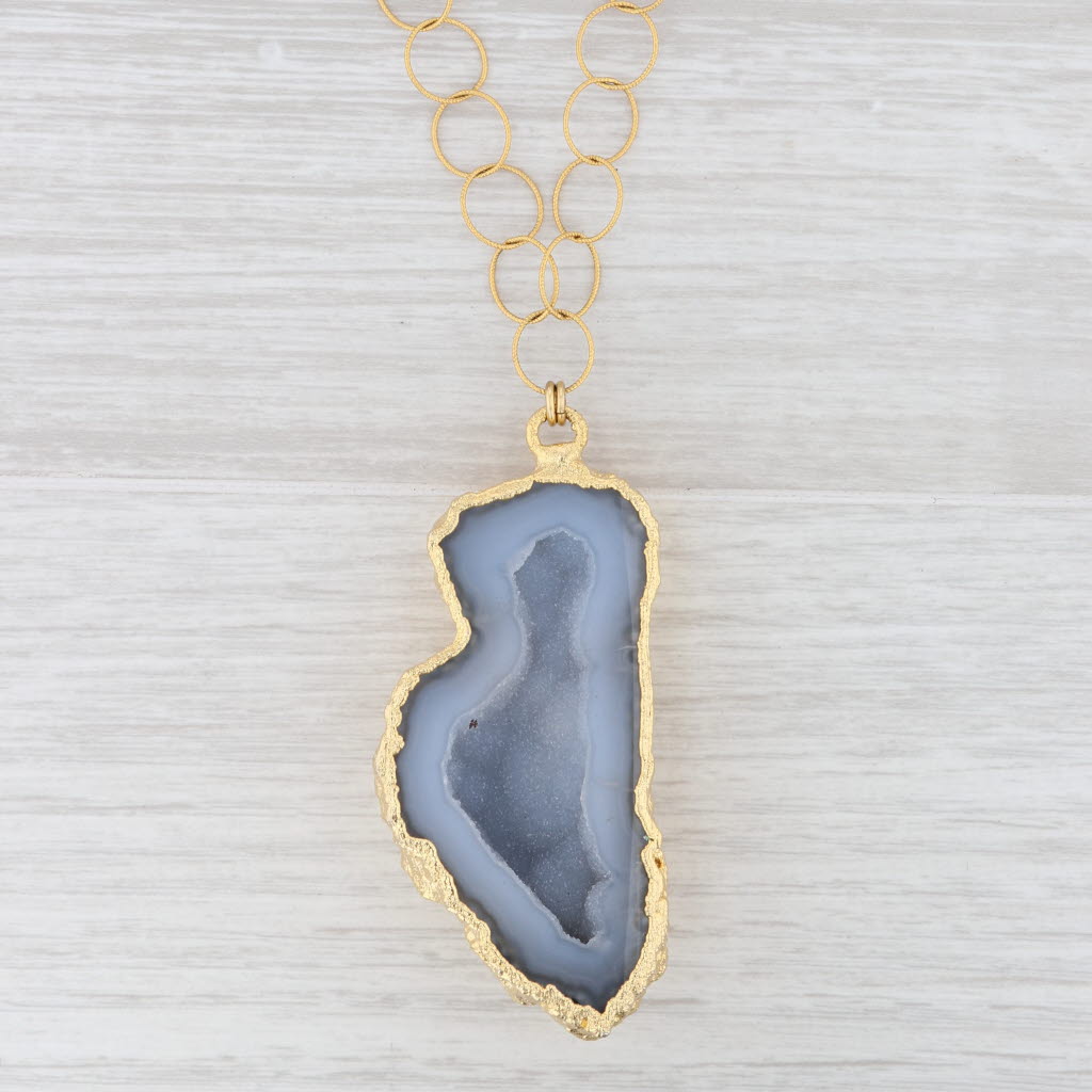 Light Gray New Nina Nguyen Druzy Geode Quartz Pendant Necklace Sterling Gold Vermeil 30.5"