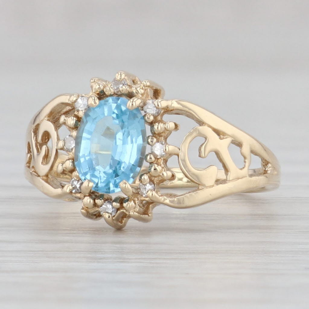 Light Gray 0.90ct Oval Blue Topaz Diamond Halo Ring 14k Yellow Gold Size 5.25