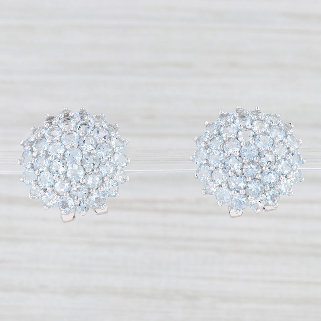 Light Gray 6.25ctw Aquamarine Cluster Button Earrings 14k White Gold Pierced Omega Backs