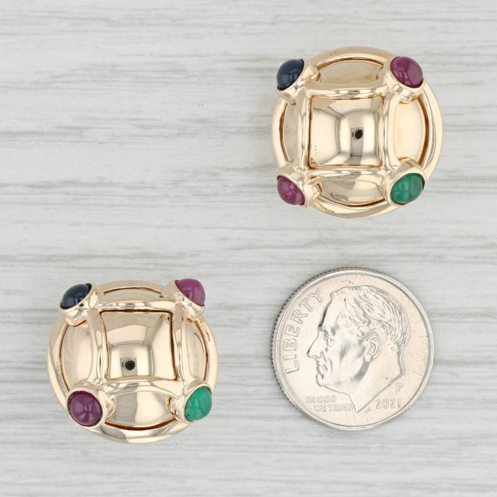 Light Gray Gemstone Button Stud Earrings 14k Yellow Gold Ruby Emerald Sapphire