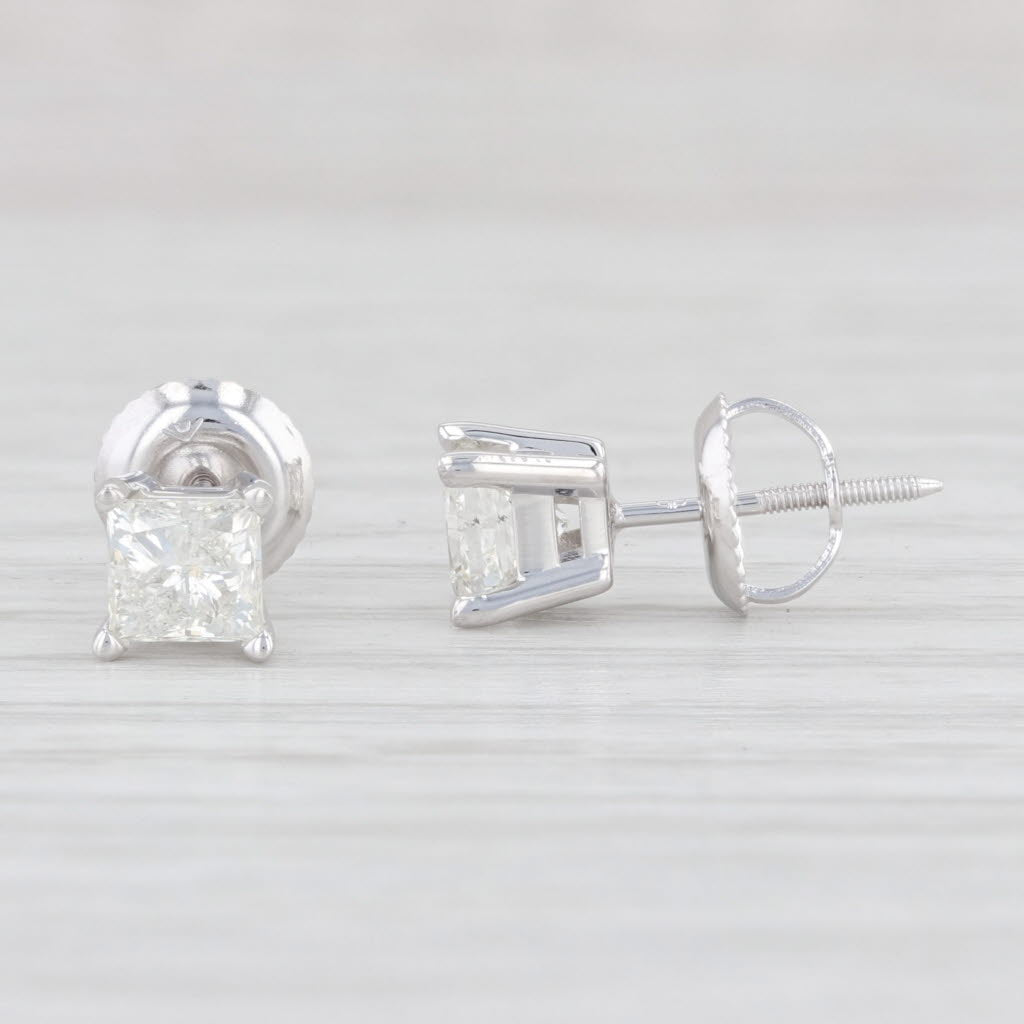 Light Gray Diamond Solitaire 0.85ctw Princess Stud Earrings 14k White Gold Screw On Pierced