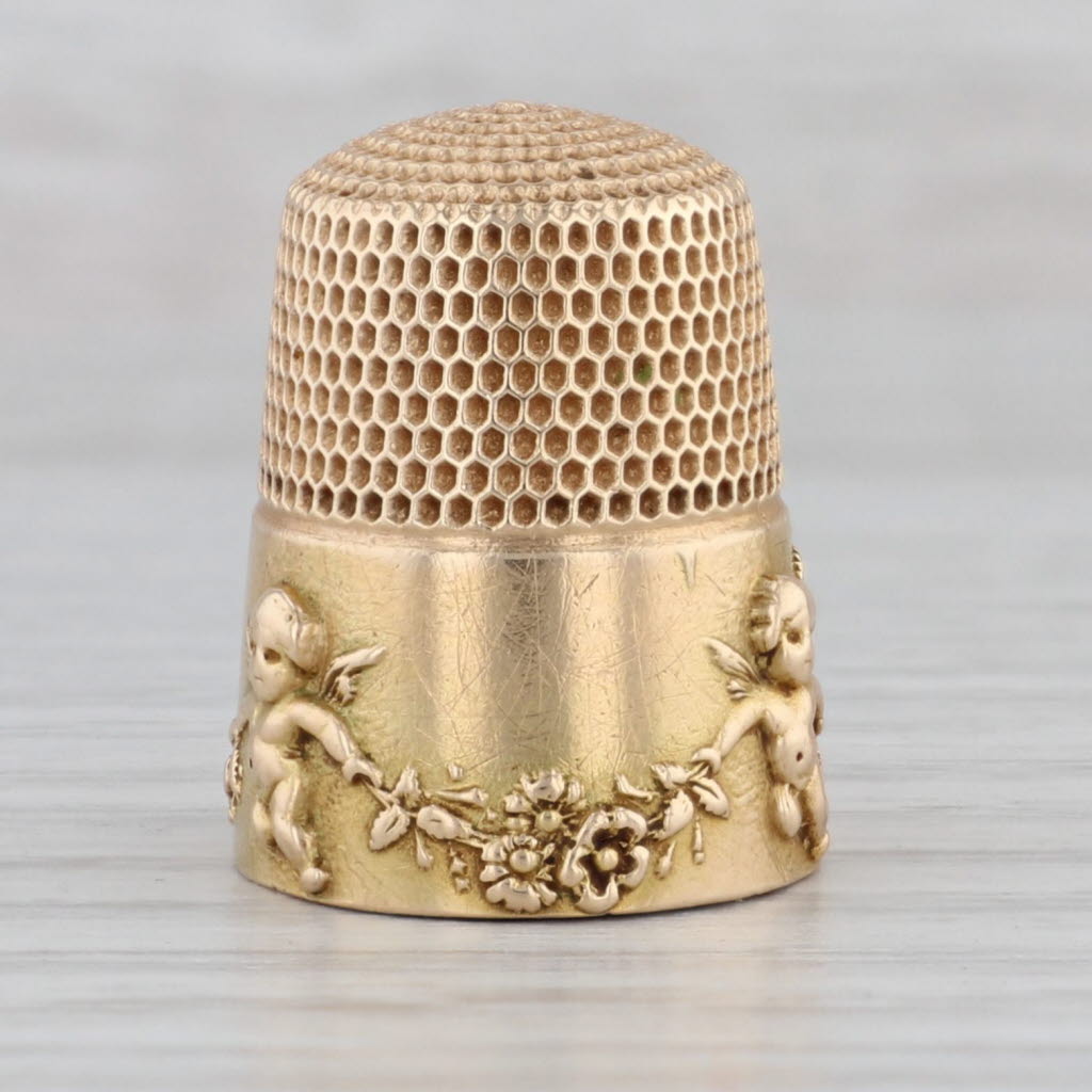 Gray Vintage Simons Bros Cherub Thimble 14k Yellow Gold Letter T Heart Size 8