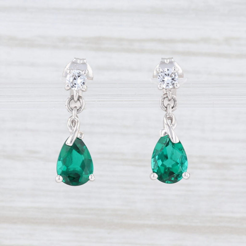 New Synthetic Emerald White Sapphire Drop Earrings 10k White Gold Teardrop