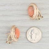 Light Gray Carved Coral Cabochon Stud Earrings 14k Rose Gold Pierced Omega Backs