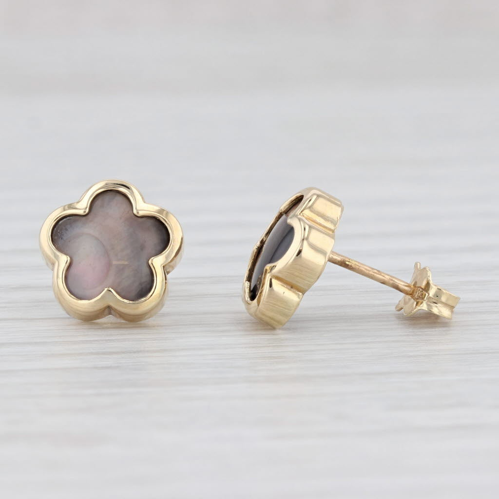 Light Gray Gray Mother of Pearl Star Flower Stud Earrings 14k Yellow Gold Pierced Studs