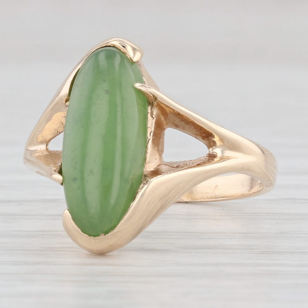 Light Gray Green Nephrite Jade Solitaire Ring 14k Yellow Gold Size 6.75 Oval Cabochon