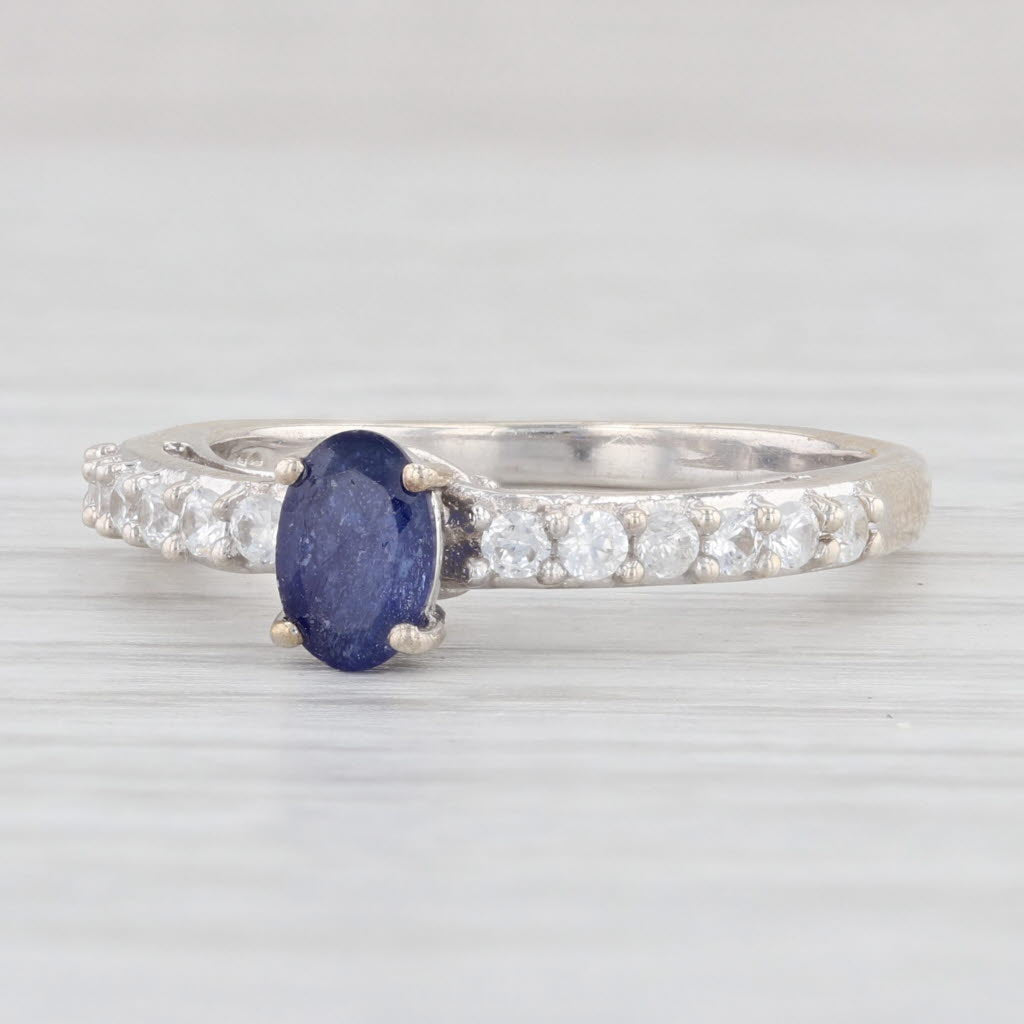 Light Gray 1.04ctw Oval Blue Sapphire White Zircons Ring Sterling Silver Size 7