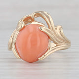 Vintage Floral Coral Ring 10k Yellow Gold Oval Cabochon Solitaire Size 7.75