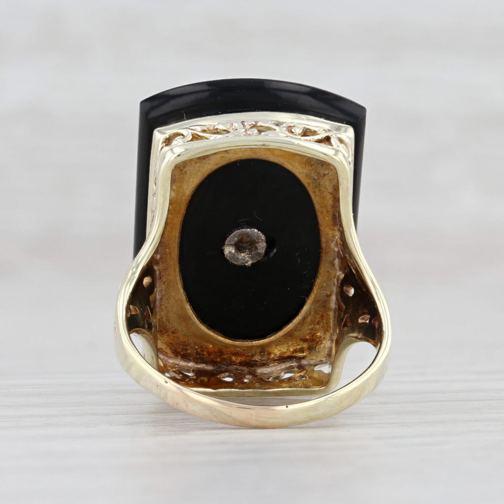 Light Gray Onyx Diamond Statement Ring 14k Yellow Gold Size 6.25 Ornate Floral