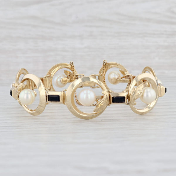 Light Gray Mikimoto Cultured Pearl Black Glass Circle Link Statement Bracelet 14k Gold 6.5"