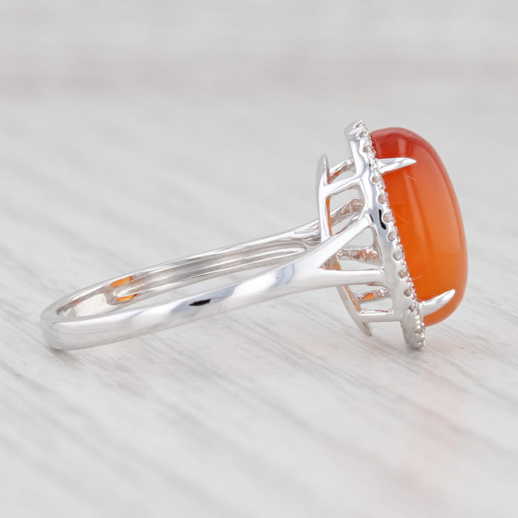 Light Gray New Orange Agate Diamond Halo Ring 14k White Gold Size 7.25 Oval Cabochon