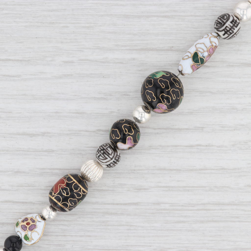 Light Gray New Bead Statement Bracelet Sterling Silver 6.5" Floral Ceramic Cloisonne